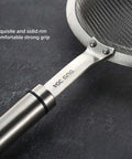 Close-up of handle on 304 Stainless Steel Fine Mesh Strainer With Handle Skimmer For Kitchen Must Have Pro Grade Dishwasher Safe Colander Sieve