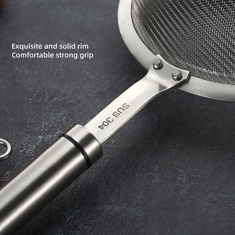 Close-up of handle on 304 Stainless Steel Fine Mesh Strainer With Handle Skimmer For Kitchen Must Have Pro Grade Dishwasher Safe Colander Sieve
