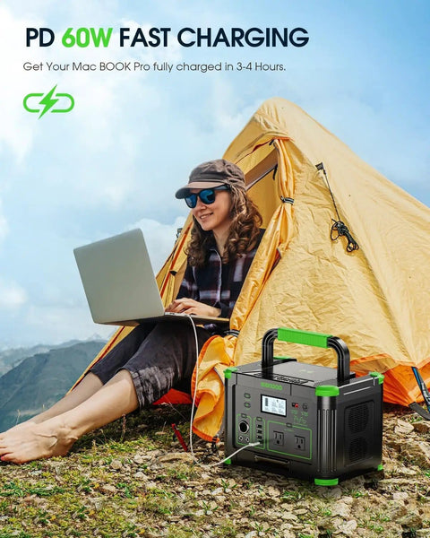 Woman using laptop outside tent with Massive 999Wh Portable Power Station With 1000W Pure Sine Wave AC Output And 2000W Peak