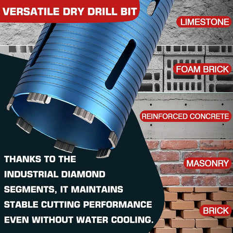 Close-up of One And Three Eighths Inch Diamond Core Drill Bit With Eleven Inch Depth, Heavy Duty, for cutting concrete.