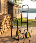 Heavy Duty Firewood Log Cart And Dolly For Indoor Outdoor Wood Moving Steel Rack With Rolling Wheels on wooden deck