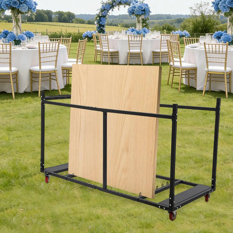 Heavy Duty Folding Table Cart For Easy Transport And Storage Hauls Up To 10 Tables With Locking Casters, Smooth Rolling, Ideal For Banquet Halls, Schools, And Events, Durable On The Go Mobile Solution For Staff, black metal cart carrying one folding table outdoors