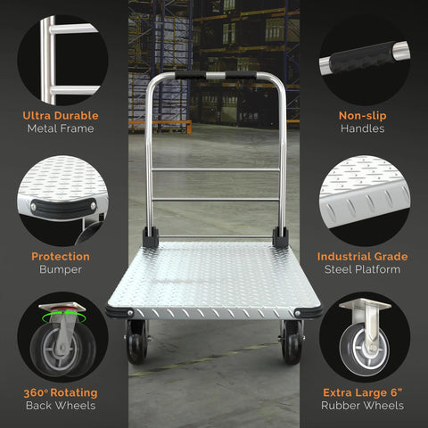 Heavy Duty 2200 Pound Capacity Foldable Push Cart Dolly with steel platform and swivel wheels in a warehouse setting