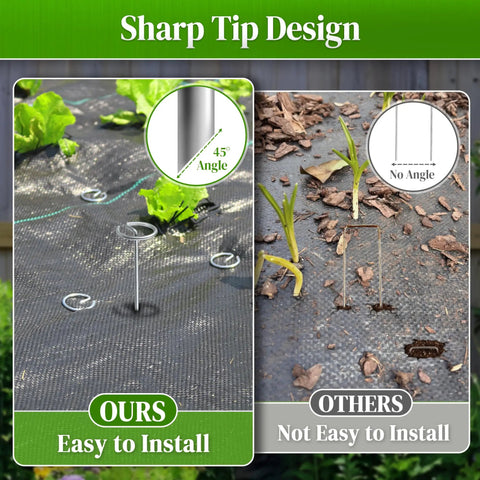 Comparison of easy installation of Heavy Duty 6 Inch Galvanized Landscape Stake Set 100 Pcs with 45-degree angle design.