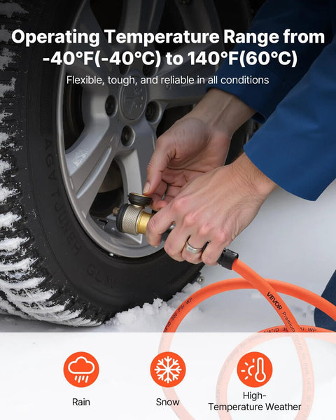Heavy Duty 1/2 Inch By 100 Foot Air Compressor Hose With Solid Brass Fittings connected to tire in snow.