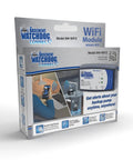 Wireless Monitoring Hub For Battery Backup Sump Pumps Pushing Instant Phone Alerts packaging with WiFi module and usage image.