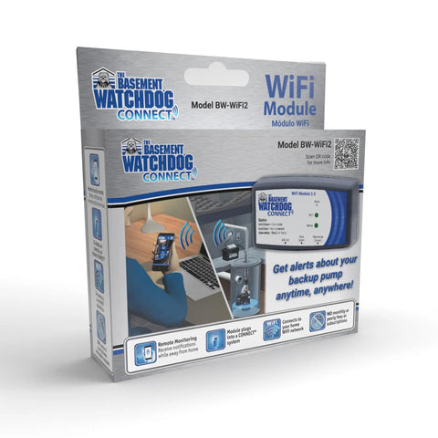 Wireless Monitoring Hub For Battery Backup Sump Pumps Pushing Instant Phone Alerts packaging with WiFi module and usage image.