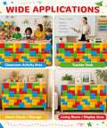 Wide applications of the 9 Foot Building Block Table Skirt for teachers desks and classroom workstations in colorful settings.