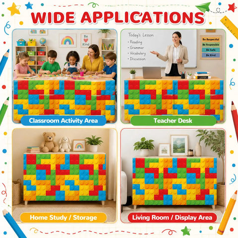 Six Foot Building Block Table Skirt With Bold Primary Bricks For Teacher Desk And Classroom Tables covering activity areas and desks.