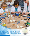 Children and teacher using robotics kits with Six Pack 6V DC Gear Motors 5RPM Slow Speed High Torque Micro Gearbox in a classroom.