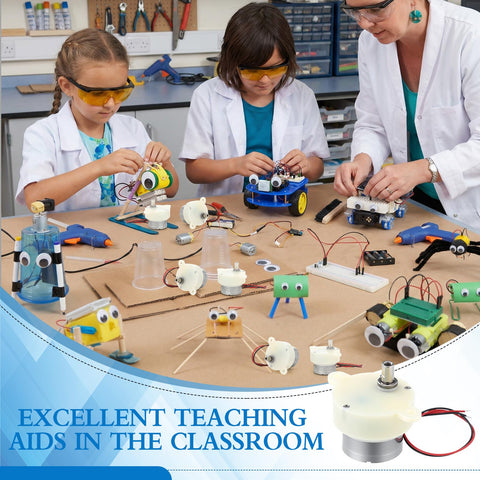 Children and teacher using robotics kits with Six Pack 6V DC Gear Motors 5RPM Slow Speed High Torque Micro Gearbox in a classroom.