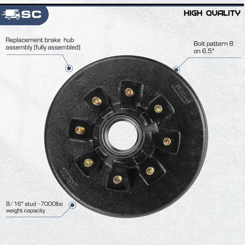 Beefed Up Heavy Duty Trailer Brake Drum Kit with Eight Hole 6.5 Inch Bolt Circle for 7000 Lbs Axles Replacement Brake Hub Drum