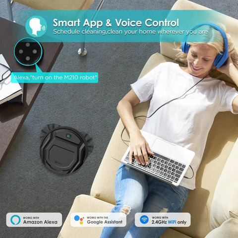 Compact Robotic Vacuum With Beast Mode Suction And Quiet Operation, WiFi App and Voice Control, user relaxing on couch