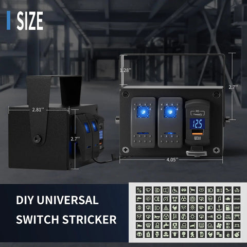 Built Tough 2 Gang Rocker Switch Panel With Waterproof LED Indicators And Dual PD Type C QC 3.0 USB Charging Ports Night Glow Labels for dashboards.
