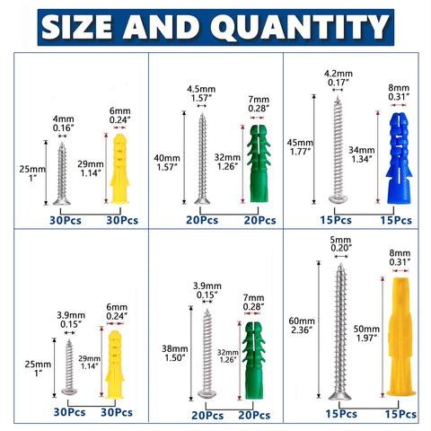 Premium Drywall Anchors And Screws Kit, 260 Piece All In One Wall Mounting Set, assorted sizes and types with dimensions shown