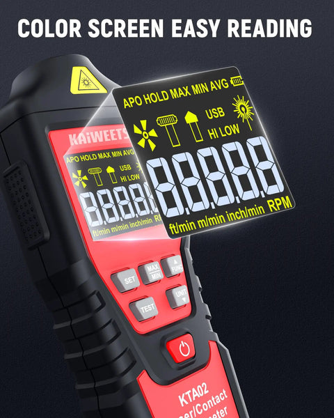 All-In-One Dual Mode Laser And Contact Tachometer With Rechargeable Battery Pro-Grade Photo Sensor RPM Meter Ranges 10 To 99999 And 1 To 19999 Backlit Display Hold Max Min Avg Hi Low Alarm close-up