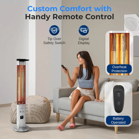 Woman using Outdoor Electric Patio Heater With Remote Control 900W Infrared Heat for instant warmth in living room setting.