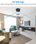 Ultra Compact WiFi Spy Camera installed in living room showing 150-degree wide-angle view for home monitoring.