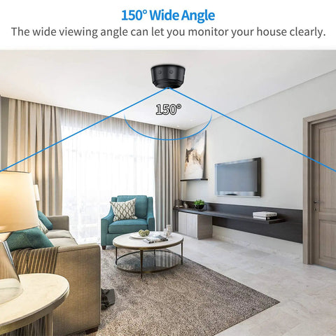 Ultra Compact WiFi Spy Camera installed in living room showing 150-degree wide-angle view for home monitoring.