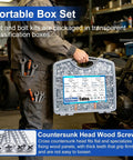 Wood Screws Assortment Kit With Eighteen Sizes Including 6 8 10, 410 Stainless Self Tapping And Zinc Plated Carbon Steel Self Drilling Screws, Phillips Drive Flat Head, For Wood And Metal, Handy Portable Box Included held by person