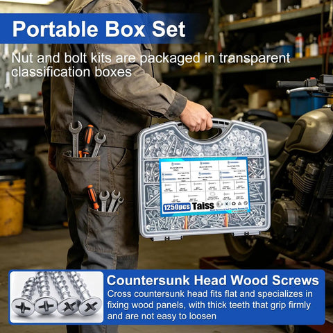 Wood Screws Assortment Kit With Eighteen Sizes Including 6 8 10, 410 Stainless Self Tapping And Zinc Plated Carbon Steel Self Drilling Screws, Phillips Drive Flat Head, For Wood And Metal, Handy Portable Box Included held by person