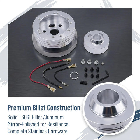 Boss Level Billet Steering Wheel Hub Adapter For 5 Or 6 Hole Whips In Sleek Silver Polish Aluminum Alloy with hardware components.