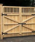 Wooden gate with 13 Inch Beefy Heavy Duty Gate Hinges With 900 Lb Capacity And Smooth Opening At 180 Or 90 Degrees Extended Strap Bracket