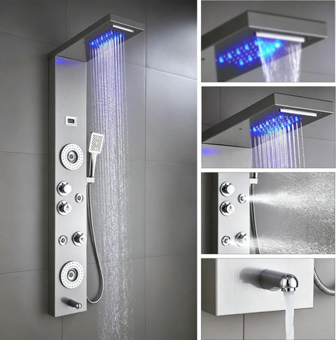 Straight Up Premium Stainless Steel Shower Panel Tower With Led Waterfall Shower Head And 6 Function Bathroom Faucet Featuring Body Jets In Brushed Nickel For A Total Game Changer Home Bath Setup That Really Hits Different