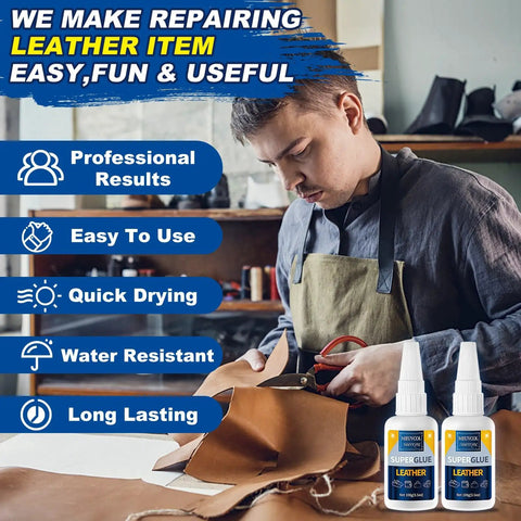 Man using Leather Glue Pro Grade 100g Fast Setting Adhesive For Purses Shoes Car Seats Suede And Upholstery Clear Drying Strong Bond Includes Six Precision Tips Great For Wallets Belts Jackets And Quick Clean Repairs At Home on leather piece.