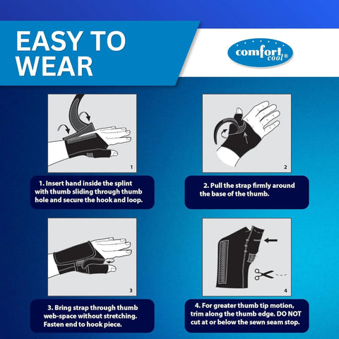 Instructions for wearing CMC Thumb Brace For Arthritis And Tendonitis Relief With Restriction Split, Right Hand, Medium 7 to 8 Inches