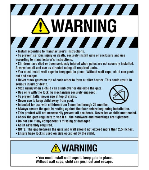 Warning label with safety instructions for Extra Wide Baby Gate For Doorways And Stairs, 30 To 41.5 Inches.