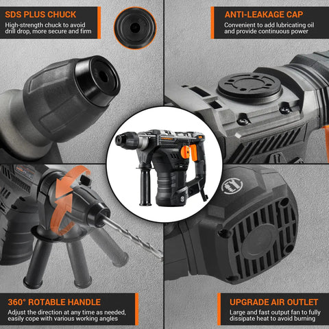 Heavy Duty SDS Plus Rotary Hammer Drill 1-1/4 Inch, 12.5 Amp, 4350 BPM, 900 RPM, 4 Modes, 7 Joules, features and components