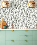 Dope Green Leaf Peel And Stick Wallpaper Self Adhesive Olive Leaf Sage Eucalyptus Farmhouse Vinyl Roll in modern kitchen