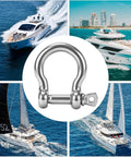Badass 304 Stainless Steel Marine Shackle With Screw Pin for Tough Boat Rigging, displayed with yachts in the background.