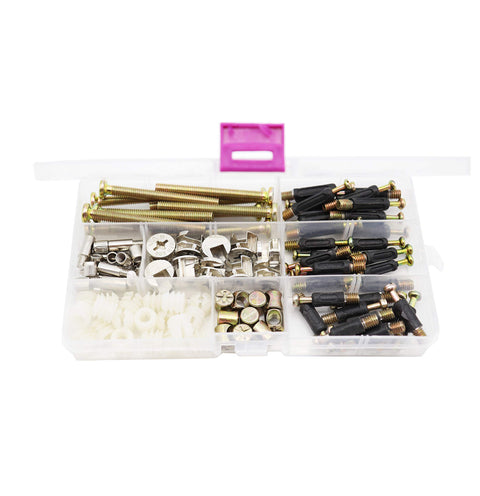 90 Piece Do It Yourself Friendly Pro Grade Furniture Cam Lock Screws And Barrel Nuts Hardware Kit in clear storage box