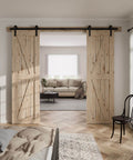 Heavy Duty Sliding Barn Door Hardware Kit For 60 Inch Wide Double Doors, 20 Foot Track, installed in a cozy living room.