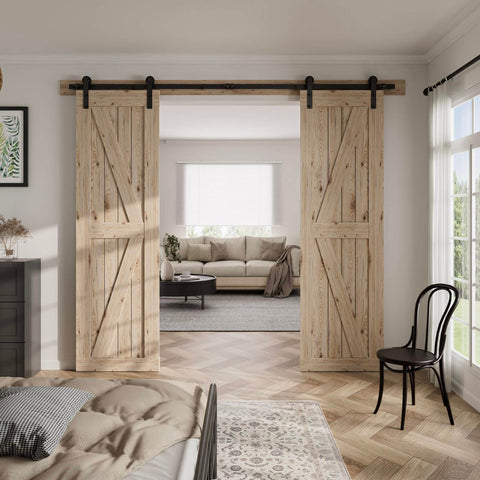 Heavy Duty Sliding Barn Door Hardware Kit For 60 Inch Wide Double Doors, 20 Foot Track, installed in a cozy living room.