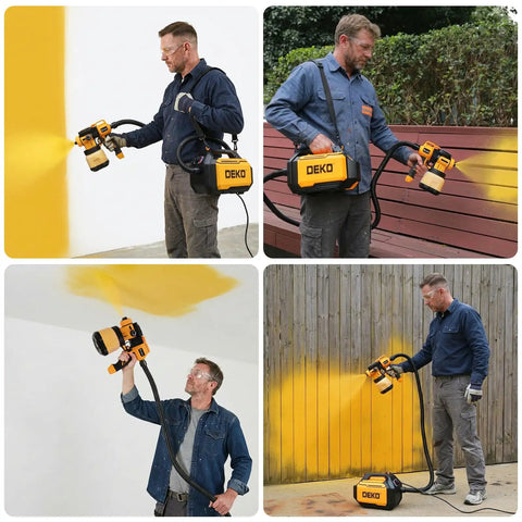 Built Tough Cordless Paint Sprayer With 20V Battery And 800W Corded Brushless Spray Gun in use painting walls and fences.