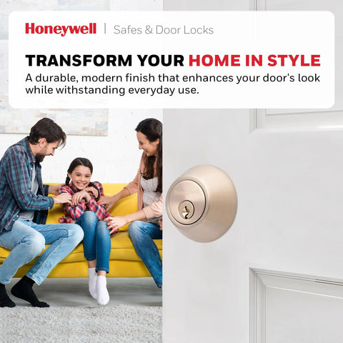 Installed Single Cylinder Front Door Deadbolt Lock Set With Anti Bump Protection, Keyed Entry, Satin Nickel Finish on white door