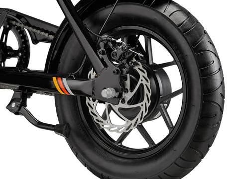 Hurricane Compact Electric Bike With 30 Mile Range, 400W Peak Motor, Mechanical Disc Brakes, 14 Inch Wheels, Ages 13 Plus, Black, Ready To Roll For Fun City Cruising And Quick Commutes rear wheel and disc brake close-up
