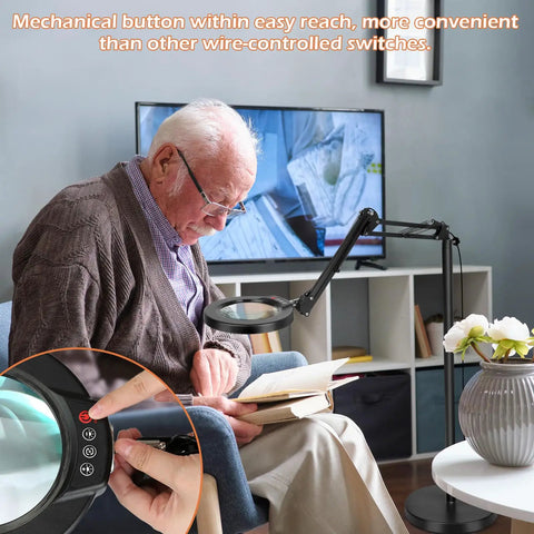 Elderly man reading under an Awesome Real Glass Magnifier Lamp With Light And Stand 8x Magnification LED Five Color Modes Stepless Dimmable