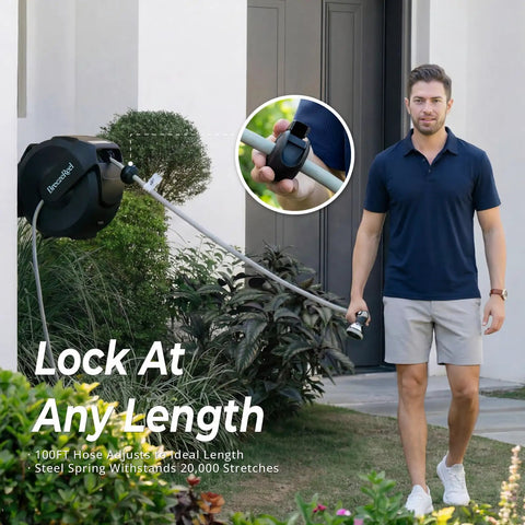 Man using Retractable Garden Hose Reel One Half Inch By One Hundred Feet, Heavy Duty Three Ply Reinforced Hose, Lock At Any Length