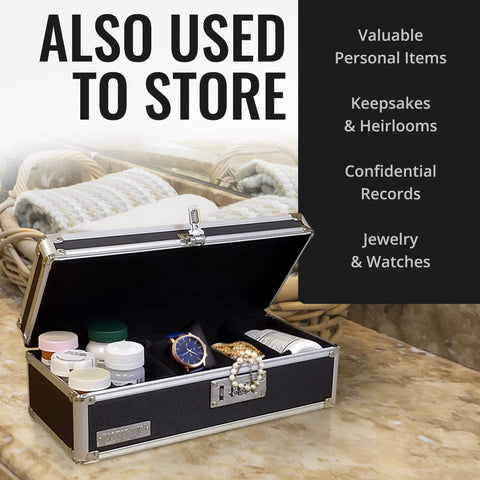 Locking Medicine Storage Box With Combination Lock For Safe Med Storage, First Aid And Pill Organization, open with contents inside.