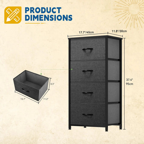 Four Drawer Fabric Storage Tower With Steel Frame And Wooden Top Built Tough For Bedroom Living Room And Closets dimensions view