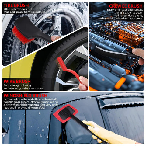 Close-up of tire brush, wire brush, and crevice brush from 32 Piece Red Car Detailing Kit With Pro Grade Drill Brush Attachments