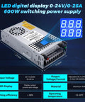 Beefy 600W 24V Adjustable DC Power Supply with LED Display, AC 110V-220V Input, DC 0-24V Output Buck Converter shown from angle