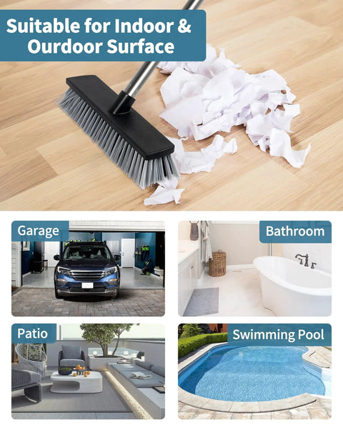 Heavy Duty Push Broom With Adjustable Stainless Handle And Tough Bristles Built For Sweeping Decks Garages And Driveways with debris on floor.