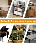 Four Pack Cup Style Swivel Casters For Furniture shown on various items like tables, cabinets, piano stands, bookshelves, plant stands.