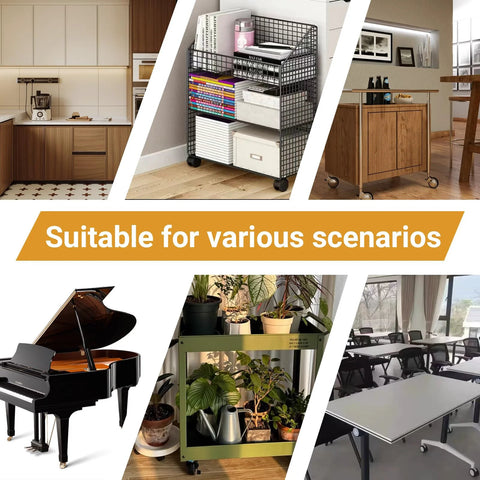 Four Pack Cup Style Swivel Casters For Furniture shown on various items like tables, cabinets, piano stands, bookshelves, plant stands.