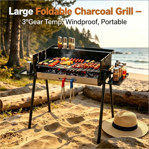 Foldable Charcoal Grill With Three Temperature Settings, Windproof Camping BBQ on beach with food and storage shelves